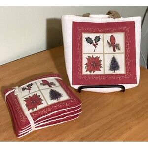Alice's Home & Cottage Spiced Mug Mats Cardinal Tree Poinsettia Tote Set of 4
